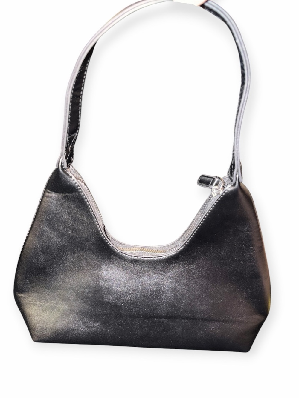 White Fox Boutique Black Metallic Faux Leather Asymmetric Shoulder Bag Hobo